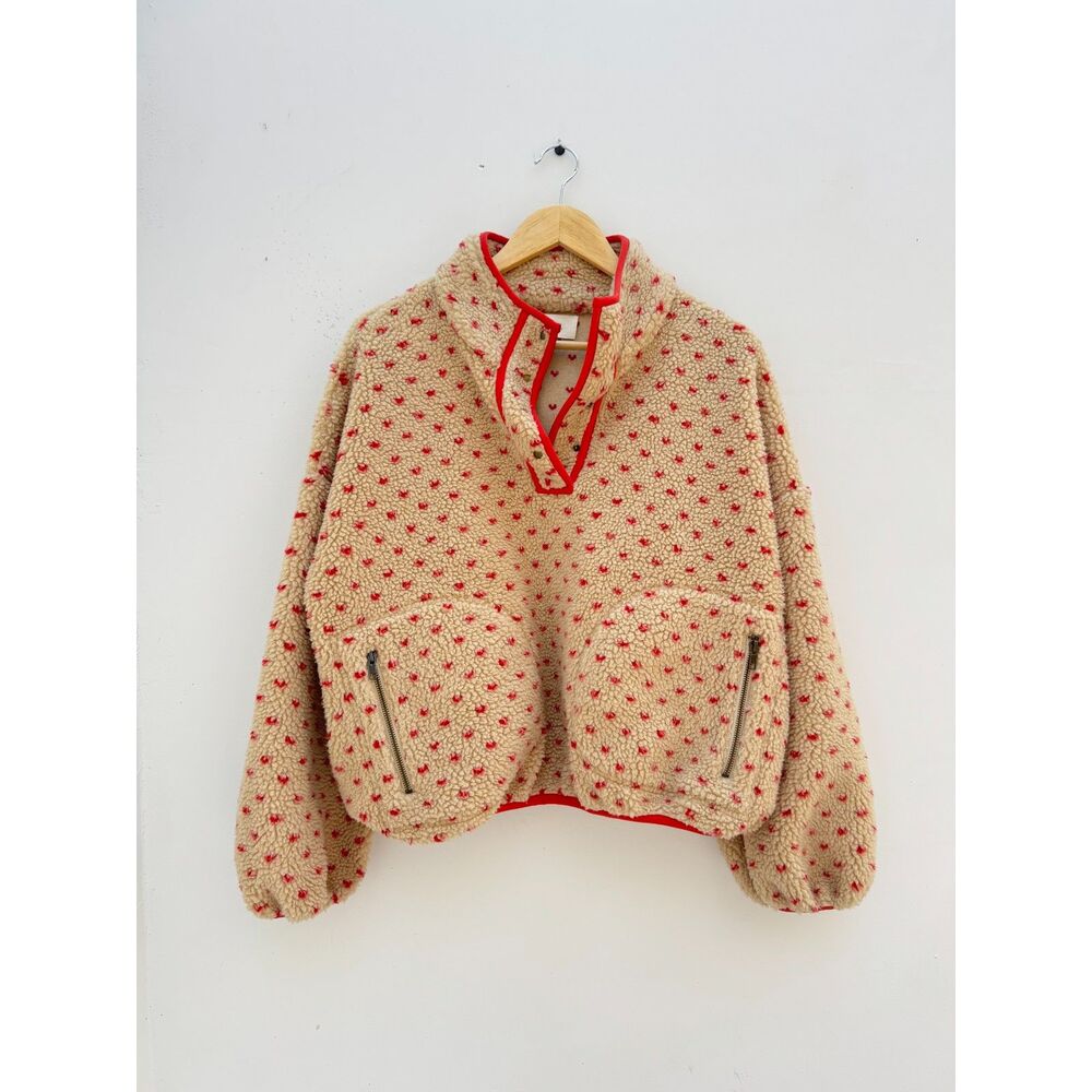 The Great Size 3 Heart Print Sherpa Fleece Pullover Red Cream Teddy Jacket